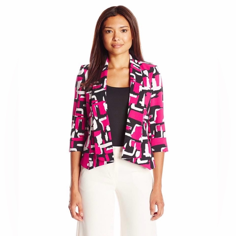 Kasper Women’s Blazer Open Front 3/4 Sleeves Pink/White/Black Floral Sz 12P